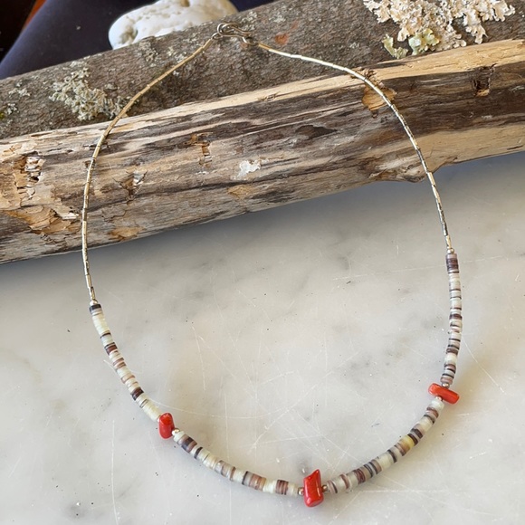 Vintage 70’s Liquid Silver Red Coral Nuggets and Olive Heishi Choker Nec… - Picture 2 of 9
